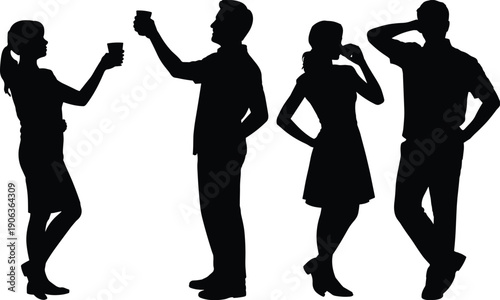 People drinking silhouette set showing men and women holding cups, social party celebration and alcohol drinking poses isolated on white background for nightlife design.