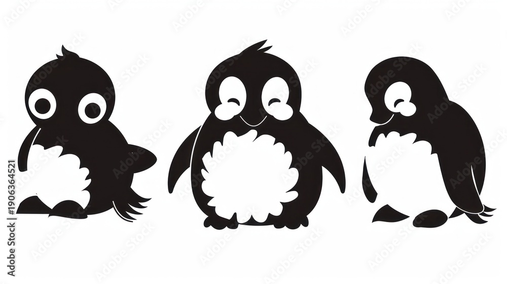 Obraz premium Three playful cartoon penguins in black and white against a clean background