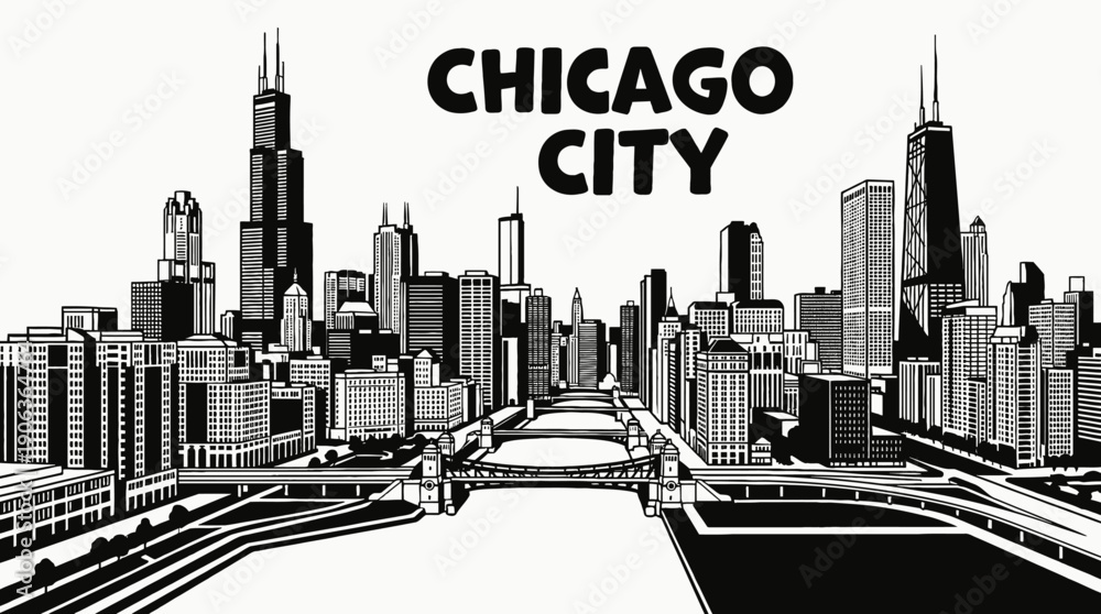 Fototapeta premium chicago city skyline urban architecture downtown landmark travel tourism america usa landscape metropolitan business culture modern historic destination famous district with lake michigan skyscrapers