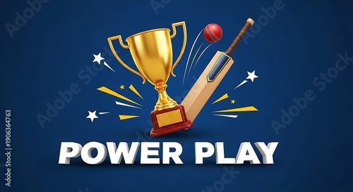 Cricket trophy celebration with bat and ball power play graphic design illustration