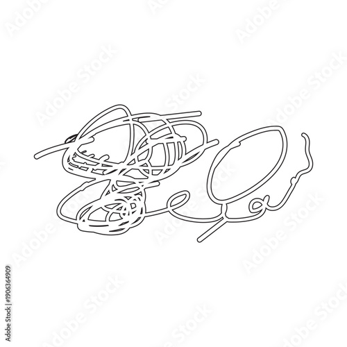 A detailed line drawing of a headset with a microphone, depicted in black lines on a pure white background, showcasing its design and features.
