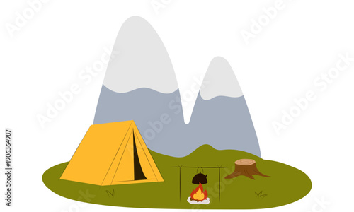 Flat vector illustration of camping outdoors. Mountains, campfire, tent, nature, camper, trees, coffee, backpack, guitar, kettle, boiler, tea, silence, calm, peace, marshmallows on fire