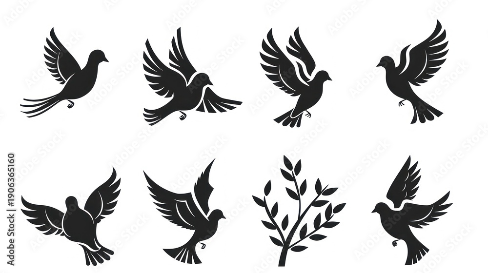 Obraz premium Flying dove silhouettes set against white background vector design elements