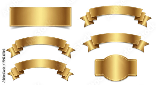 Collection of six elegant golden metallic ribbons and banners featuring various scroll designs perfect for premium award seals or luxury branding applications.