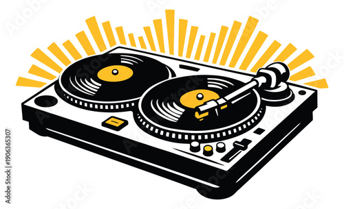 Graphic illustration of a DJ turntable depicting sound waves for music events