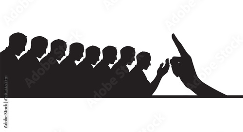 Business team silhouettes with one person standing out and reaching up against a white background