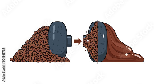 Illustration showing the transformation process of grinding coffee beans or cocoa beans into a smooth, rich paste or liquor using a stone mill mechanism, isolated on white.