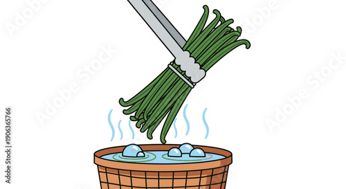Cartoon Vector Illustration of Vanilla Pods or Green Beans Being Blanched in Hot Water Using Metal Tongs for Food Preparation