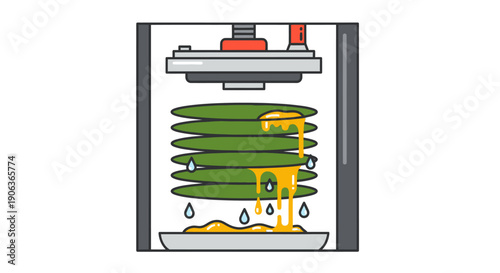 Industrial Olive Oil Press Machine Icon Illustration. Mechanical Extraction Process of Liquid from Stacked Green Plant Material using Factory Equipment.