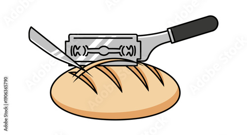 Cartoon Vector Illustration of Scoring Bread Dough with a Professional Razor Blade Lame Before Baking