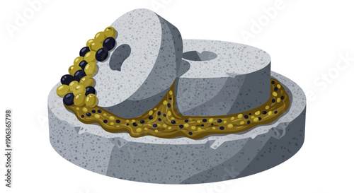 Traditional Olive Oil Production Process using a Stone Mill Grinding Olives, Isolated Vector Illustration of a Classic Trapetum for Extracting Virgin Oil