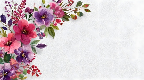 Watercolor Floral Corner Border on White Background.