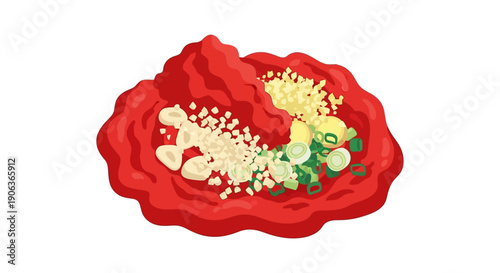 Korean Chili Paste Base with Garlic, Ginger, and Scallions Vector Illustration. Spicy Gochujang Condiment Ingredients isolated on white.
