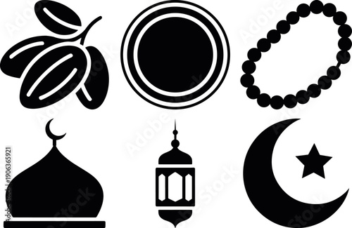 islamic religious icons set with mosque, tasbih, quran and crescent, ramadan and prayer symbols black silhouette vector pack, muslim worship and faith icon collection isolated