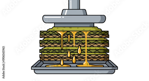 Industrial Oil Press Machine Squeezing Pulp to Extract Oil Droplets Illustration