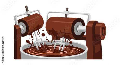 Flat Vector Illustration of Industrial Chocolate Mixing Machine Refining Cocoa Mass or Conche Process Equipment Isolated on White Background