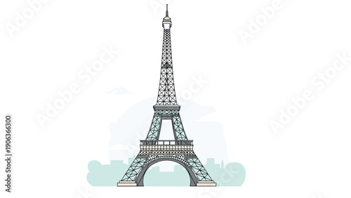 Detailed line art illustration of the iconic eiffel tower in paris france with a soft blue city silhouette in the background.
