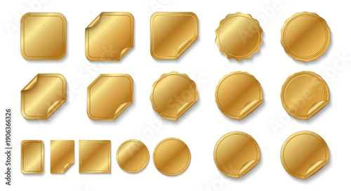 Collection of shiny golden blank stickers featuring various shapes like circles, squares, and rounded rectangles with peeling corner effects.