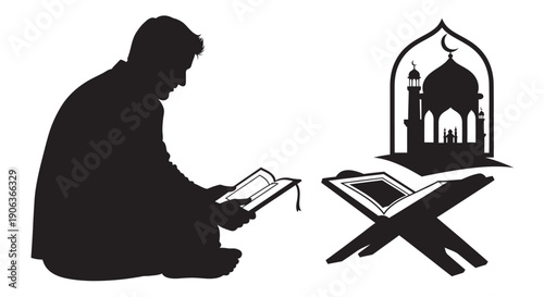 Man reading Quran near mosque silhouette on white background