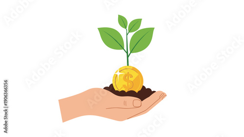 Small green plant growing out of a gold dollar coin held in a human hand representing financial growth and successful investments.