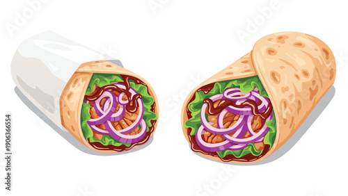 Two delicious meat and vegetable burritos wrapped in tortillas showing fresh purple onions and lettuce in a clean flat style.