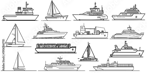 Black and white vector line art ships and boats collection for marine transportation and global sea logistics design illustration set.