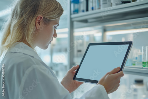 Visionary Research: Young Female Scientist Analyzing Complex Data Graphs on a Tablet in a Modern Lab