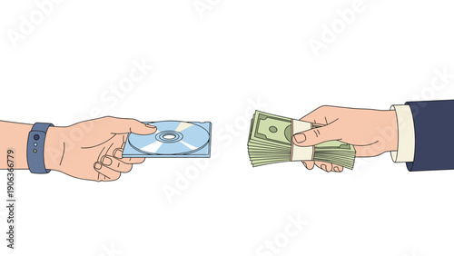 Close up shot of two hands exchanging a digital compact disc for a large bundle of cash representing a commerce transaction.