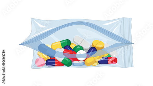 Transparent plastic zipper bag filled with various colorful medicinal pills capsules and tablets for healthcare and pharmaceutical use.