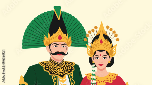 Portrait of an indonesian couple wearing ornate traditional balinese wedding costumes with gold crowns and intricate embroidery.