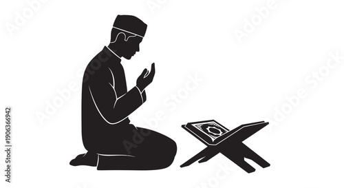 Man praying with Quran on a simple background with copy space