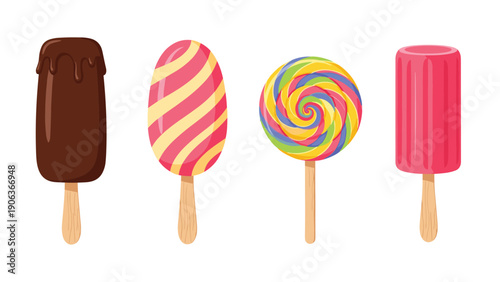 Set of sweet frozen treats including a chocolate coated popsicle a striped ice cream a swirl lollipop and a pink fruit bar.