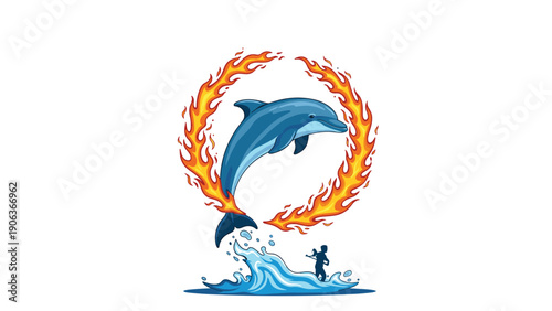 Majestic blue dolphin jumping through a ring of bright orange flames above ocean waves for a circus show or animal performance.