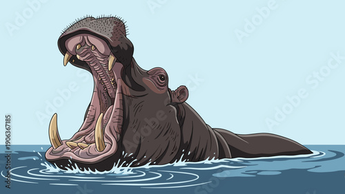 Hippopotamus swimming in the water with its massive mouth wide open showing large teeth and tongue in a detailed drawing.