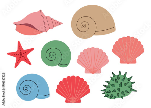 Colorful line art sea creatures set featuring different seashells, a starfish, and a sea urchin for summer and marine life design