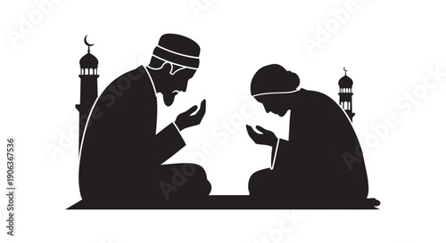 Muslim couple praying together in a serene mosque atmosphere with copy space