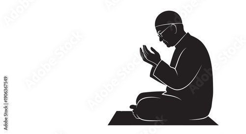 Man praying in Islamic prayer pose on a prayer mat with hands raised