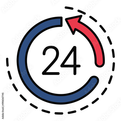 Twenty four hour clock symbol with red arrow  twenty four hours service icon