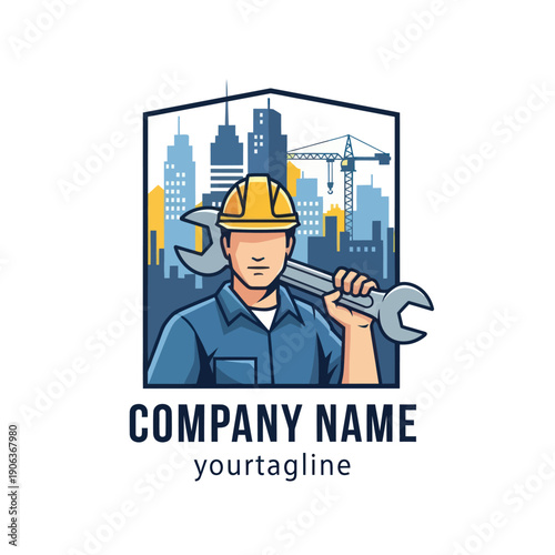 Construction Worker Illustration with Wrench and Hardhat.