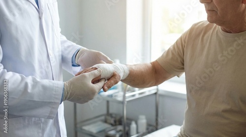 Close up of healthcare worker tending injured hand, blue gloves assessing bandage in professional medical setting