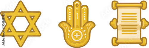 Set of icons for an app, featuring a star of david and a hamsa hand, on a transparent background
