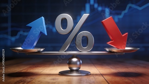 Finance volatility concept featuring balanced scale and percentage mark, contrasting growth and decline arrows on stock graph