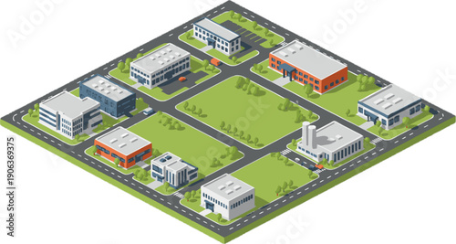 Isometric Cityscape Layout with Industrial and Office Buildings Roads Green Spaces Urban Development Map