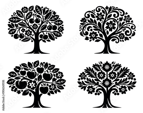 Stylized ornamental tree icon set featuring fruit bearing and decorative floral designs for spring, nature, or garden themes