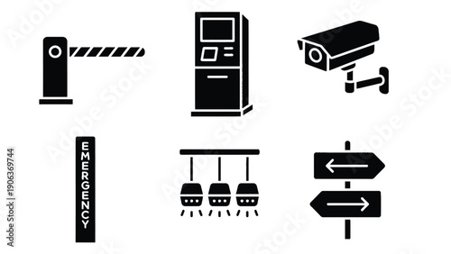 Security icon set including gate, camera, and emergency sign on transparent background