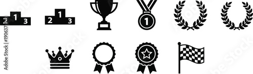 Awards and achievements with trophy cup, medals, crown, star, laurel wreath, and a checkered flag. 