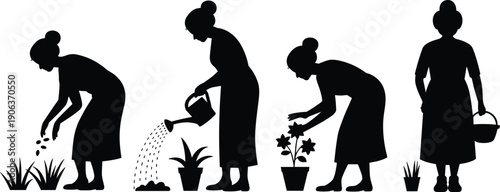Gardening silhouette sequence, plant care illustration, growth cycle artwork, agriculture lifestyle design, harvest vector composition, eco farming symbol