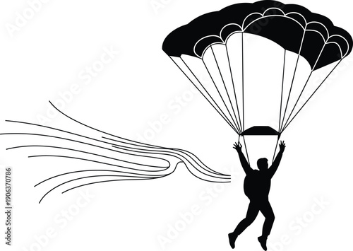 Parachute descent silhouette, skydiving illustration, air resistance artwork, extreme sport design, aviation vector composition, outdoor adventure symbol