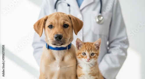 Veterinarian with adorable dog and cat in clinic  animal care and health