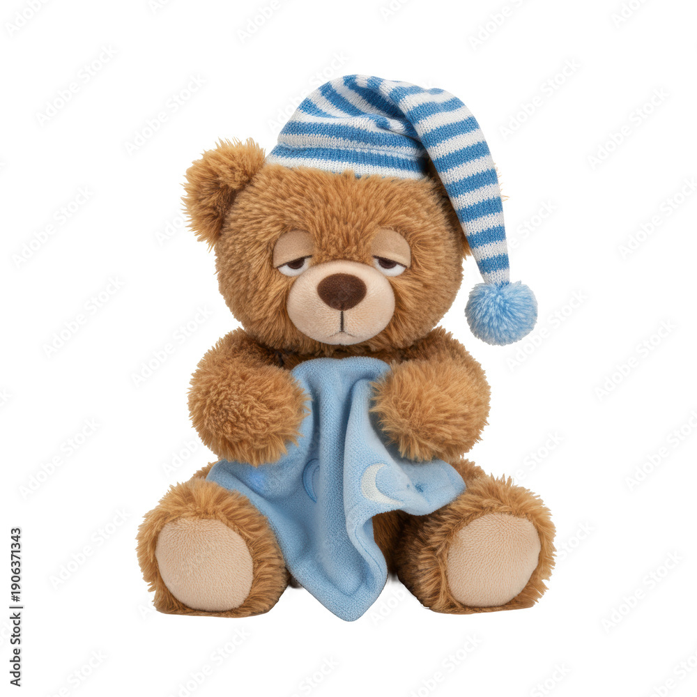 Fototapeta premium Sad teddy bear with sleeping cap and blanket